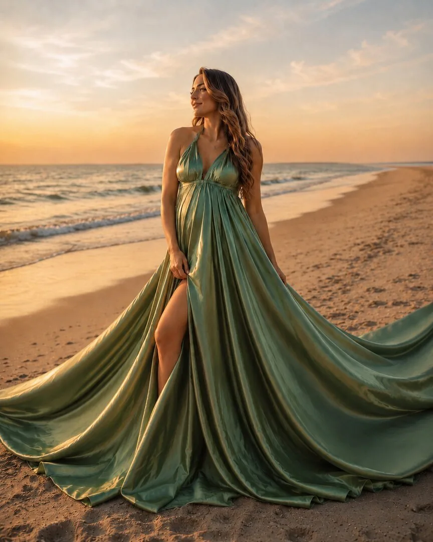 Zielona suknia Flying Dress na plaży w Kołobrzegu