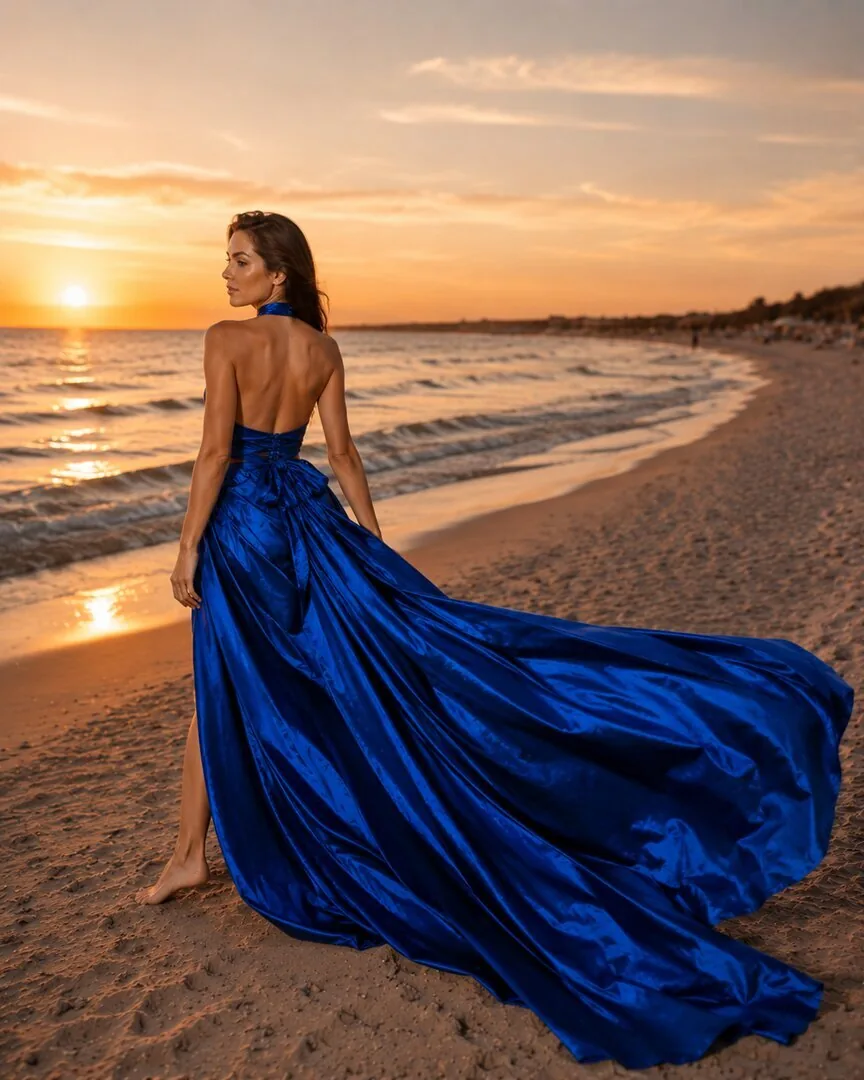Niebieska suknia Flying Dress podczas spaceru brzegiem morza