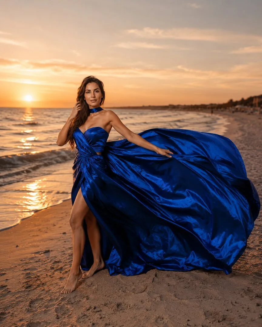 Portret kobiety w niebieskiej sukni Flying Dress o zachodzie słońca