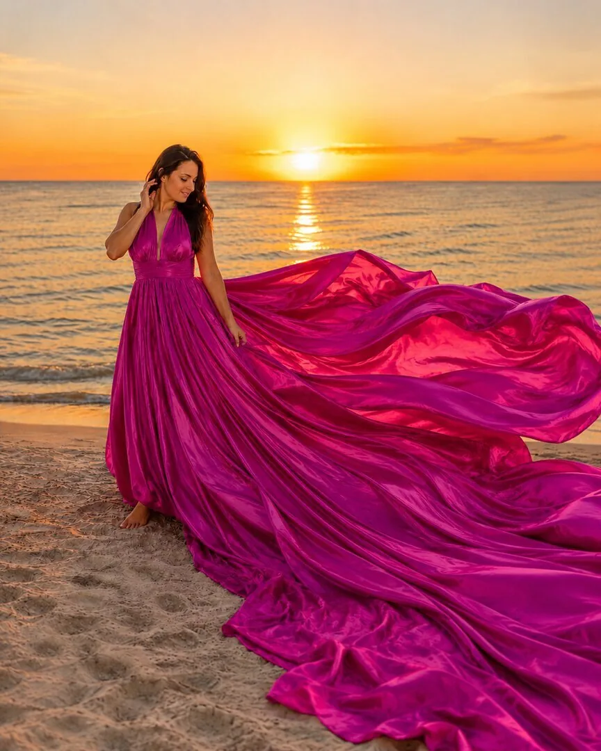 Różowa suknia Flying Dress rozwiana na plaży o zachodzie słońca