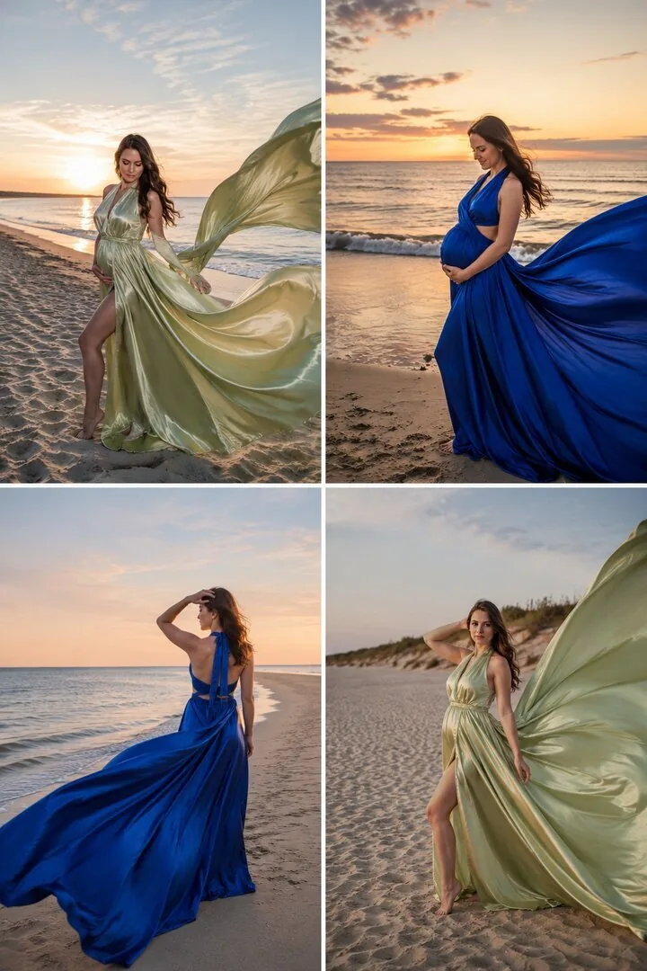 Kolaż zielonej i niebieskiej sukni Flying Dress na plaży
