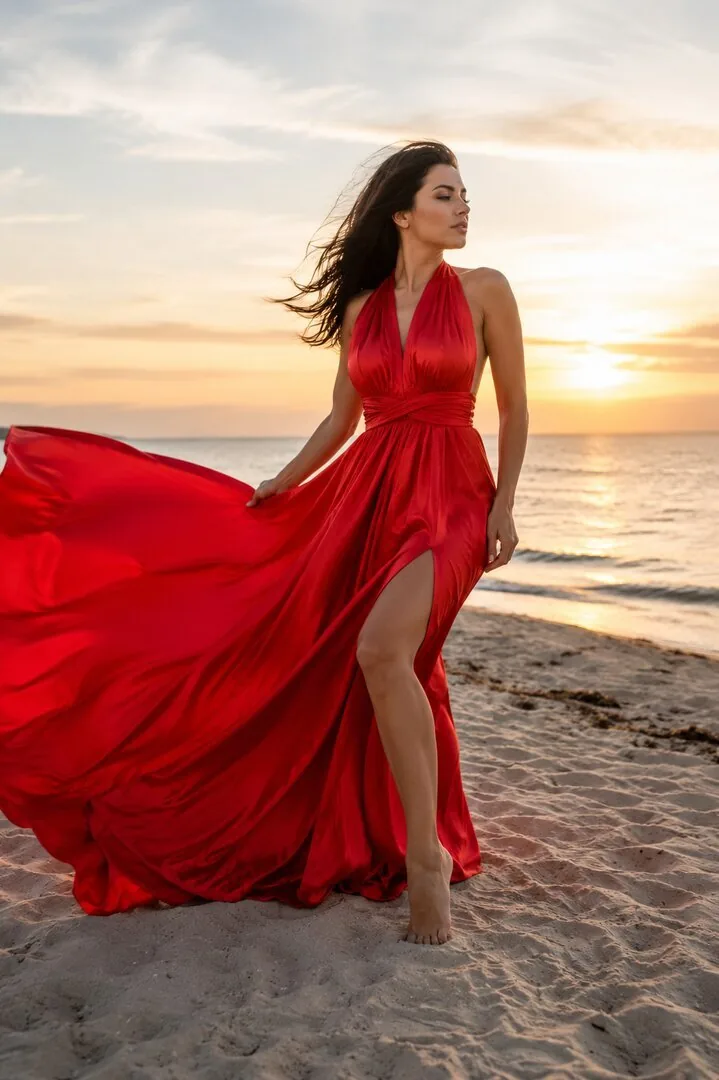 Czerwona suknia Flying Dress w ruchu na plaży o zachodzie słońca